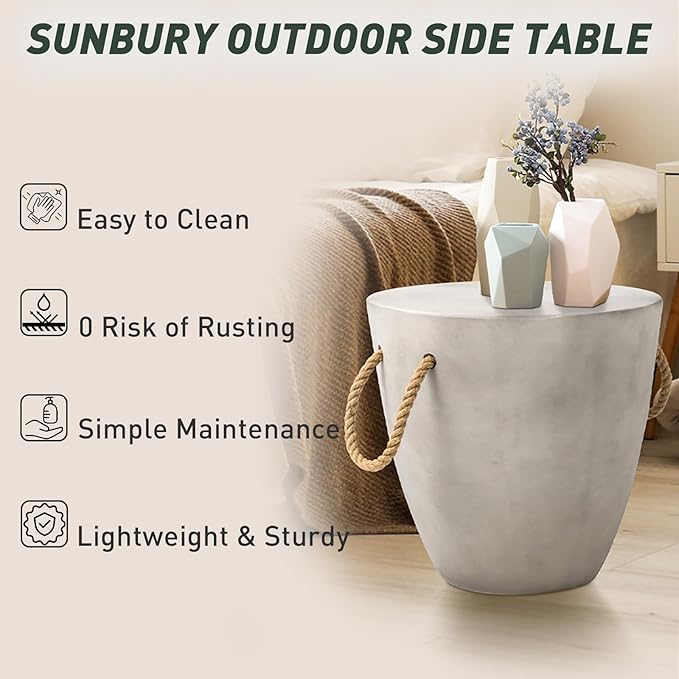 SUNBURY Outdoor Side Table Concrete Side Table, 17" H Small Outdoor Side Table End Table for Patio w Hemp Rope, Ceramic Round Coffee Table Accent Table Garden Outdoor Plant Stands