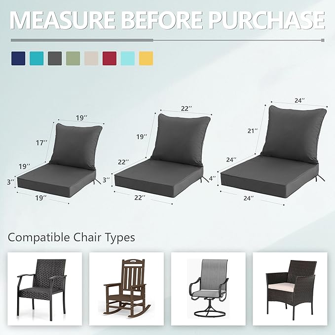 19x19 Inch Patio Chair Cushions Set of 2, Outdoor Furniture Cushions - Removable Cover, Water-Repellent, Fade-Resistant, Non-Slip Bottom & Straps, Replacement for Lawn, Porch & Deck Chair - Dark Grey