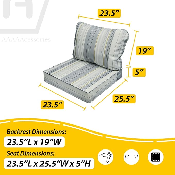 AAAAAcessories Outdoor Seat Cushions for Chairs, Fade-Resistant, Waterproof Patio Furniture Replacement Cushions, 23.5" x 25.5" x 5" + 23.5" x 19", Ash Blue Harbor Stripe