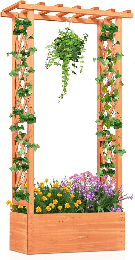 HAPPYGRILL Raised Garden Bed with Trellis, Wood Elevated Garden Bed with Hanging Roof, Planter Box, Drainage Holes for Climbing Plants, Flowers, Vegetables, 31" L x 14" W x 60" H