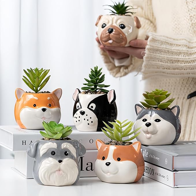Dog Planter Pots - 6 Pack Ceramic Succulent Pots with Drainage and Saucers, Cute Flower Pots for Indoor Plants, Small Plant Pots Dog Vase for Succulent, Cactus, Garden, Home Decor, Gift Set