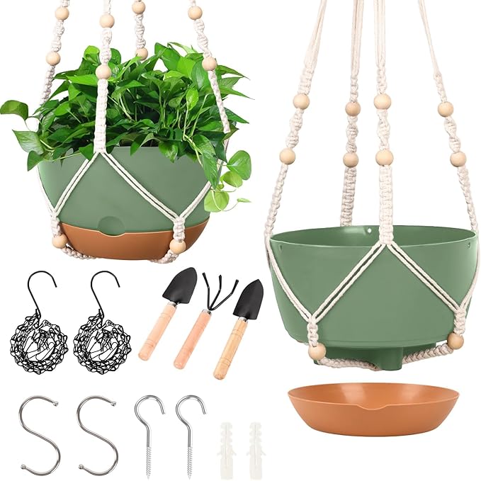 Hanging Planters for Indoor Plants, 2 Pack 8 Inch Self Watering Hanging Pots for Plants with Drainage Holes, Indoor Outdoor Hanging Flower Pots for Home Garden Ceiling Decor (Green)