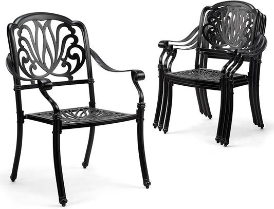 VINGLI Patio Chairs Set of 4 - Stackable Outdoor Cast Aluminum Dining Chairs with Vintage Black Finish and Floral Pattern, Metal Armchairs for Poolside, Backyard, Balcony (No Cushion)