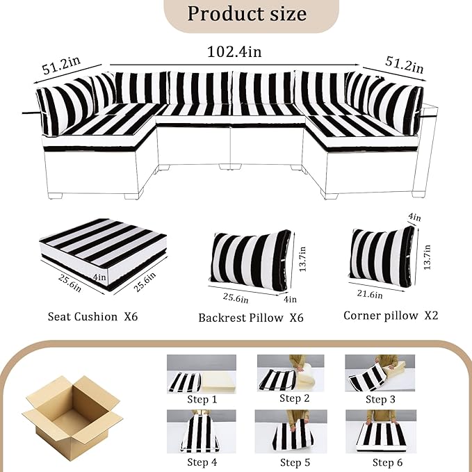 14 Pieces Outdoor Sectional Replacement Cushions for Patio Furniture, 4in Thick Outdoor Sofa Cushions for 6 Seat, Waterproof Deep Seat Couch Patio Cushions Set (Black and White)