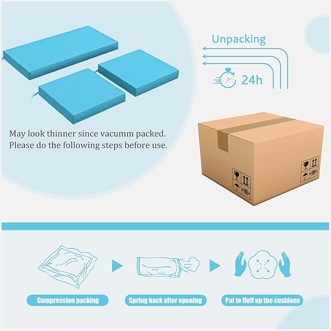 3 Pack Outdoor Replacement Cushions,36L x 18W x 3H,18L x 18W x 3H inch, High-Elastic Replacement Sponge for 4-Seater Water-Resistant Patio/Sofa with Removable Covers (Lake Blue)