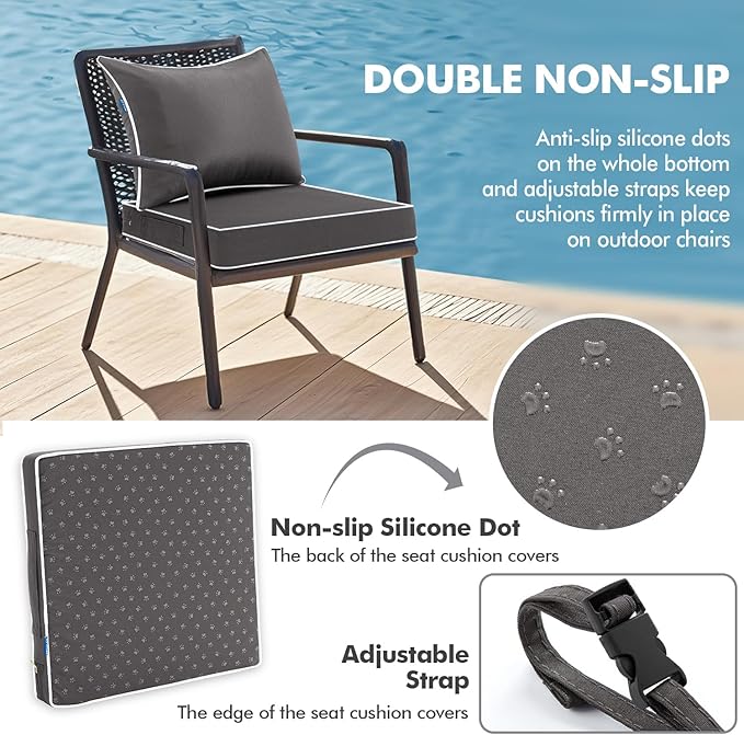 MIULEE Dark Grey Outdoor Seat Cushion 22x24 Inch Waterproof & 3 Year Fade Resistant Deep Seat and Back Cushion for Patio Furniture Chair Sofa Couch with Handle and Adjustable Straps