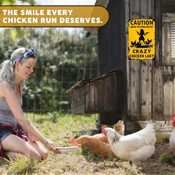 PEACHGARDEN Funny Chicken Coop Decor - "Caution Area Patrolled By Crazy Chicken Lady" Metal Tin Sign - 8x12 Vintage Farmhouse Wall Art for Backyard Garden & Hen House - Gift for Women