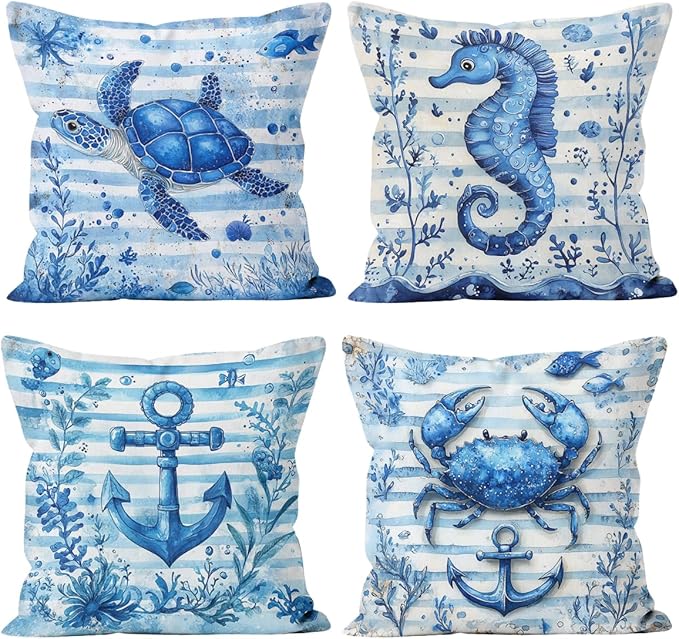Ocean Pillow Covers 18x18 inch Set of 4, Blue Seahorse Coral Watercolor Nautical Cushion Case Outdoor Sofa Throw Pillows Cover Garden Pillow Covers for Couch Living Room Bed Indoors Home Decor