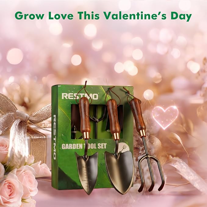 RESTMO 3-in-1 Heavy Duty Gardening Tools Kit, Premium Carbon Steel Garden Hand Tools with Ergonomic Wooden Handle Includes Trowel, Transplanter, and Cultivator, Ideal Gardening Gifts for Gardener