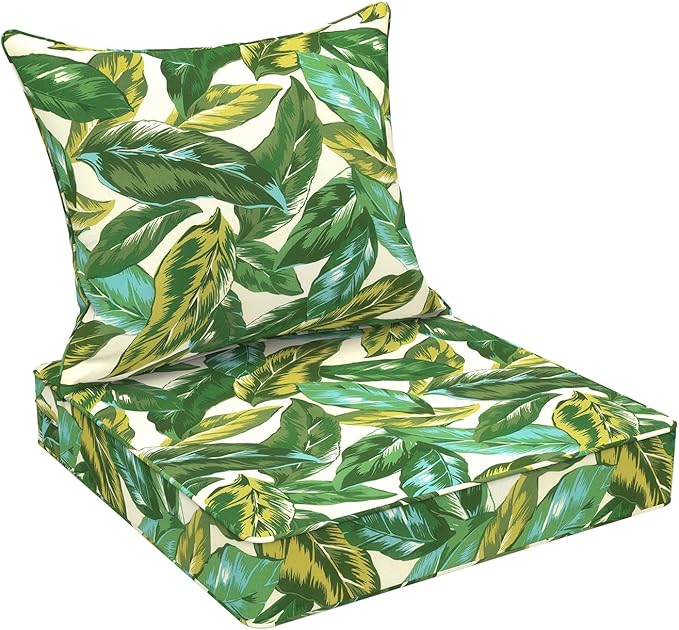 Outdoor Deep Seat Cushion Set, Water Repellent 24"x24" Patio Thick Cushions Replacement with Seat & Back Pillow for Patio Sofa, Wicker Chair, Couch - Lush Leaf Jungle