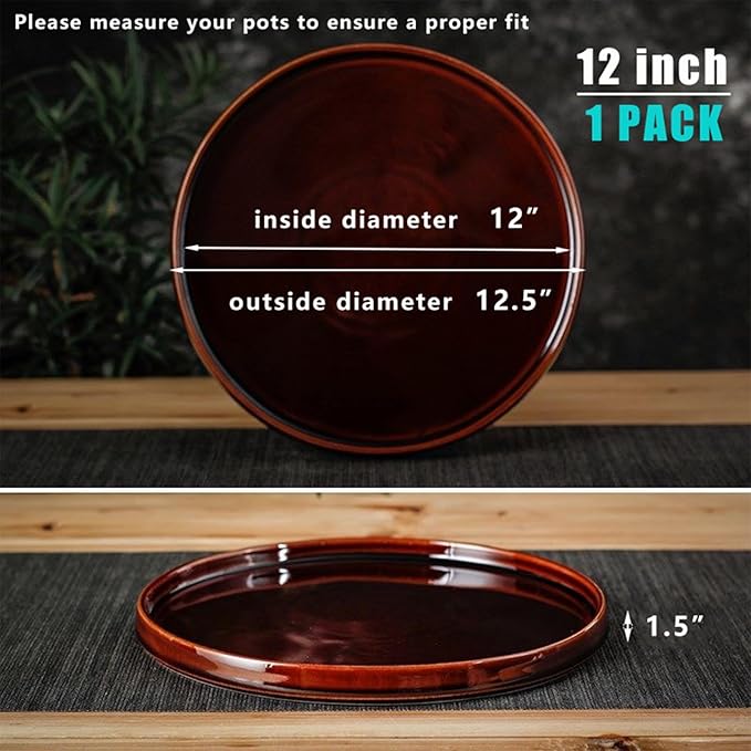 Ceramic Plant Saucer 12 Inch, Round Plant Trays for Indoors/Outdoors, Flower Pot Saucers for Holding Water Drips and Soil, Ceramic Drainage Tray for Plant Pot (Reactive Glaze Brown)