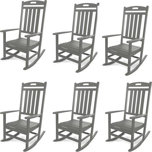Outdoor Rocking Chair Set of 6, All-Weather Resistant Poly Lumber Rocker Chair Outdoor, High Back Plastic Patio Rocking Chairs for Outside Porch Rocker Garden Lawn, Slate Grey