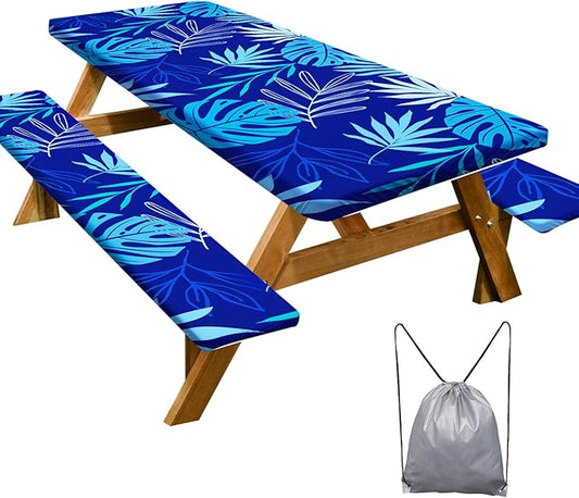 Picnic Table Cover with Bench Covers Camping Essentials Waterproof Windproof Camping Tablecloth with Drawstring Bag, Fitted Rectangle Tables and Seats, 60in, Dark Blue