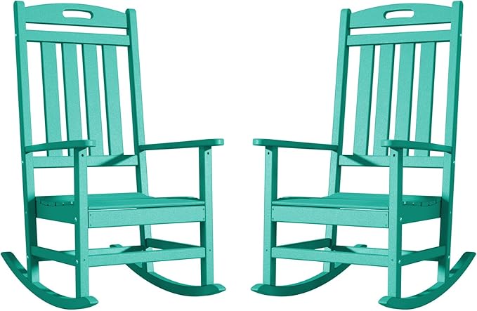 Outdoor Rocking Chair Set of 2, High Back Plastic Patio Rocking Chairs for Outside Porch Rocker Garden Lawn, All-Weather Resistant Poly Lumber Rocker Chair Outdoor, Aruba Blue