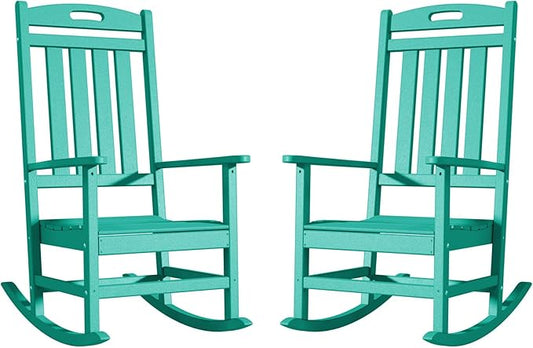 Outdoor Rocking Chair Set of 2, High Back Plastic Patio Rocking Chairs for Outside Porch Rocker Garden Lawn, All-Weather Resistant Poly Lumber Rocker Chair Outdoor, Aruba Blue