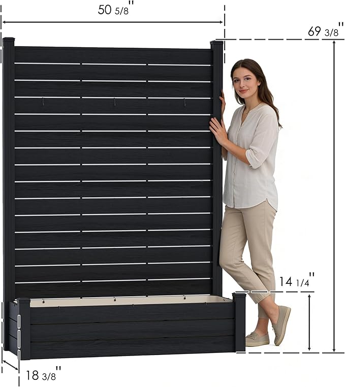 Kozyard Privacy Screen with Planter, 70" H x 51" W Outdoor Garden Screen, Waterproof Aluminum Frame with Thick Wood-Plastic Boards, Decorative Privacy Screen for Patio, Balcony & Backyard Gray