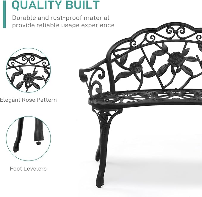 Outvita Patio Garden Bench, 38" Cast Aluminum Outdoor Chair Anti-Rust Weather Resistant Patio Bench Rose Pattern Bench for Front Porch, Backyard, Lawn