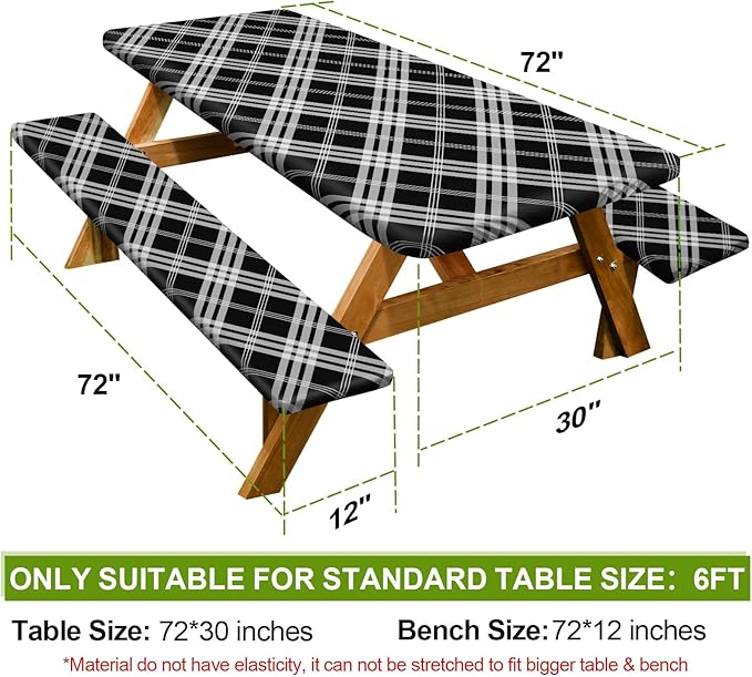 Picnic Table Cover with Bench Covers 6FT 3 Pcs Waterproof Windproof Aesthetic Camping Tablecloth with Drawstring Bag, Fitted for 6 Foot Rectangle Tables and Seats, 72 inch, Black Grey Checkered