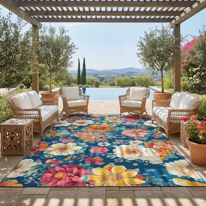 Retro Floral Textured Waterproof Outdoor Area Rug for Patio Deck Porch Balcony Garden Navy Blue Red Orange Washable Outside Large Thin Carpet 3x5 Farmhouse Entrance Hallway Non Slip Quick Dry Mat