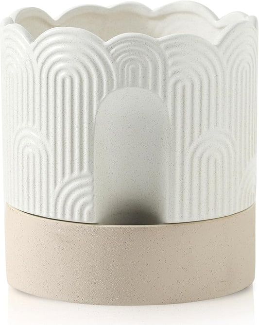 Nihow Self Watering Plant Pot for Indoor Plants with Wick: 8 Inch Ceramic Planter with Drainage Hole & Water Storage - Relief Design - Beige & Nature Flower Pot