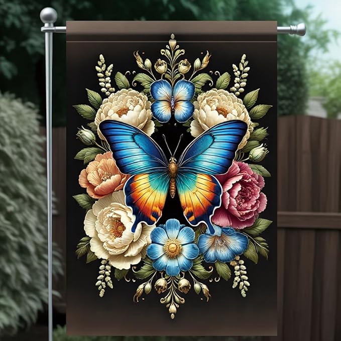 Blue Butterfly Garden Flag 12x18 Inch Double Sided Outdoor Yard Banner Colorful Floral Butterfly Design for Spring Summer Porch Patio Lawn Garden