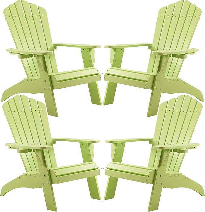 Psilvam Adirondack Chair, Oversized Poly Lumber Fire Pit Chair with Cup Holder, 350Lbs Support Patio Chairs for Garden, Weather Resistant Adirondack Chair Looks Like Real Wood (4, Green)