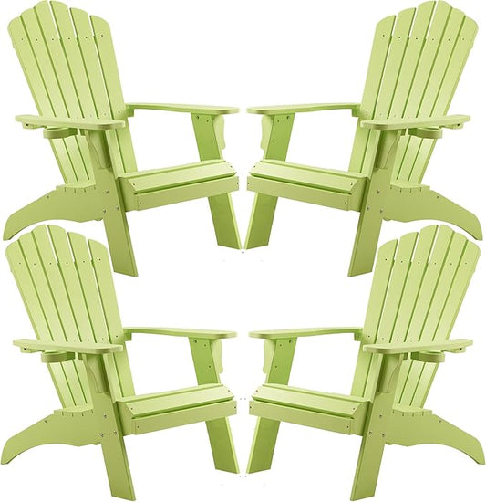 Psilvam Adirondack Chair, Oversized Poly Lumber Fire Pit Chair with Cup Holder, 350Lbs Support Patio Chairs for Garden, Weather Resistant Adirondack Chair Looks Like Real Wood (4, Green)