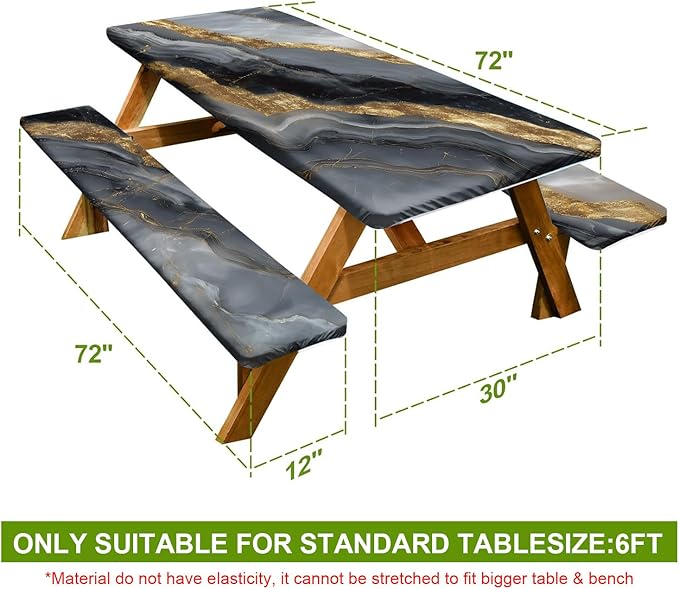 Picnic Table Cover with Bench Covers Set of 3 - Luxurious Black Gold Marble Glam Tablecloth, Elastic Fitted for 6 Ft Tables, Washable Polyester Cover for Patio, Indoor & Outdoor