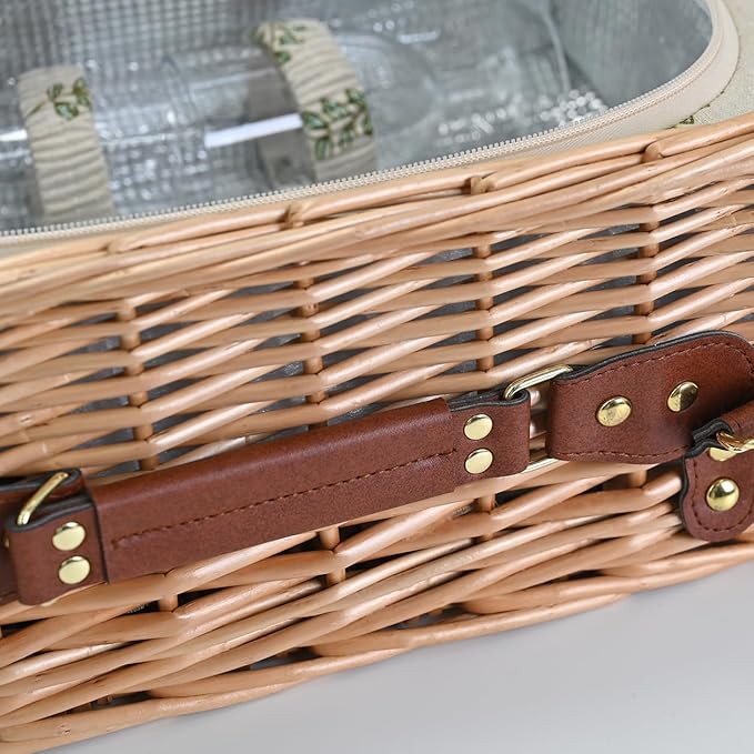 Multifunctional Wicker Picnic Basket Set for 4 with Blanket and Picnic Table, Insulated Picnic Set with Full Tablewares for Camping Outdoor Couples,Leaf