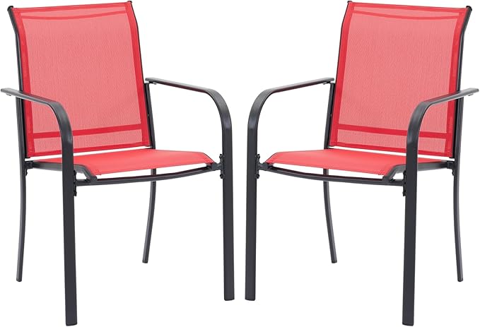 VICLLAX Patio Stackable Dining Chairs Set for 2, Outdoor Sling Chairs with Metal Frame for Front Porch Balcony Backyard Garden and Deck, Red