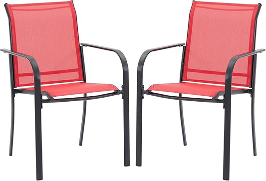 VICLLAX Patio Stackable Dining Chairs Set for 2, Outdoor Sling Chairs with Metal Frame for Front Porch Balcony Backyard Garden and Deck, Red