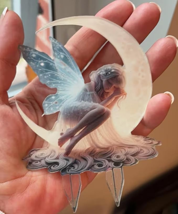 2D Flat Moonlit Fairy Garden Stake Acrylic Outdoor Decor for Lawn, Patio, Yard, Flower Pot Farmhouse Art, Patio Decoration