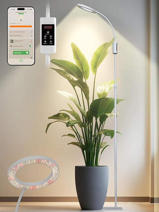 Smart Grow Lights for Indoor Plants,24W Plant Light with Auto-Timer,Full Spectrum LED Grow Light, Adjustable Height & Stepless Dimming,Plant Assistant Suitable for Most Plants (White, 24W)
