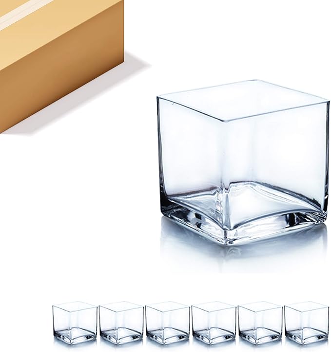 WGV Cube Glass Vase Bulk, Candle Holder, 3"x3"x3", Clear Elegant Floral Accent Container Planter Terrarium Storage for Wedding Party Ceremony Event Office Home Decor, 6 Pieces