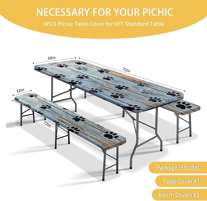 Picnic Table Cover with Bench Covers 72IN 6FT, Camping Essentials Tablecloth Waterproof Oilproof with elastic Edge for Indoor Outdoor Patio (Blue Wood Grain Paw)