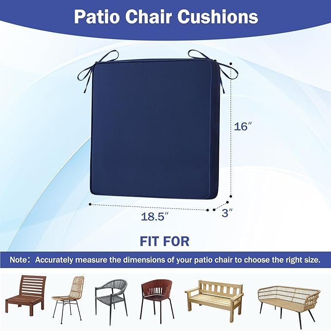 Patio Chair Cushions, 18.5" x 16" x 3" Outdoor Chair Cushions Set of 4, Waterproof Outdoor Cushions for Patio Furniture, Outdoors Seat Cushions Set of 4 with Handle and Ties, Navy Blue