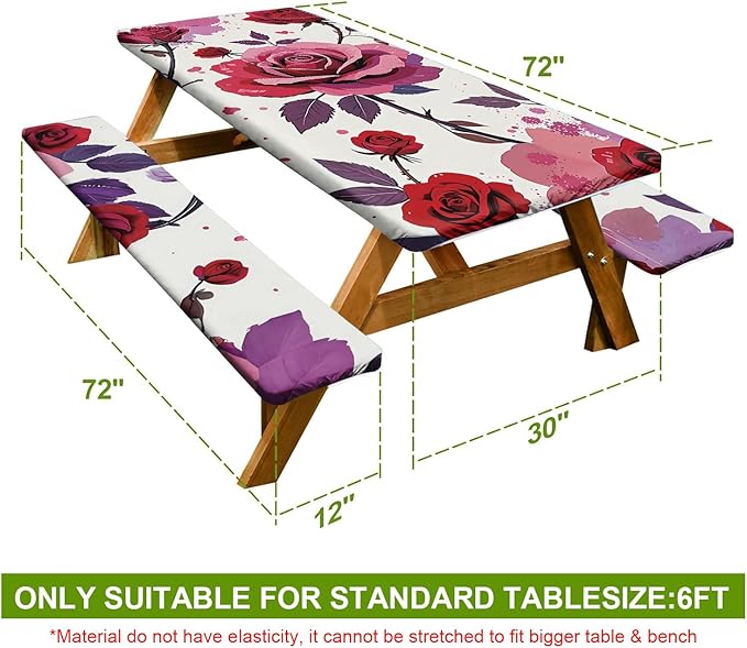 Romantic Roses Picnic Table Cover with Bench Covers Set of 3 - Red Roses and Floral Background, Elastic Fitted Tablecloth for 6 Ft Tables, Washable Polyester Cover for Patio, Indoor & Outdoor