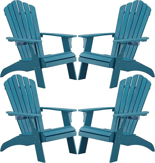 Psilvam Adirondack Chair, Oversized Poly Lumber Fire Pit Chair with Cup Holder, 350Lbs Support Patio Chairs for Garden, Weather Resistant Outdoors Seating, Relaxing Gift for Father & Mother (4, Blue)