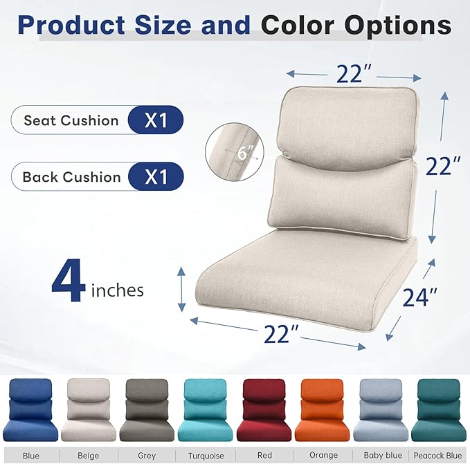 Belord Luxury 4" Thick Smile Outdoor Cushion Set - 22 x24 Inch 28D Sponge Filling Fade-Resistant Chair Cushions, Spill Proof Removable Patio Furniture Replacement Cushion for Sofa Bench - Beige