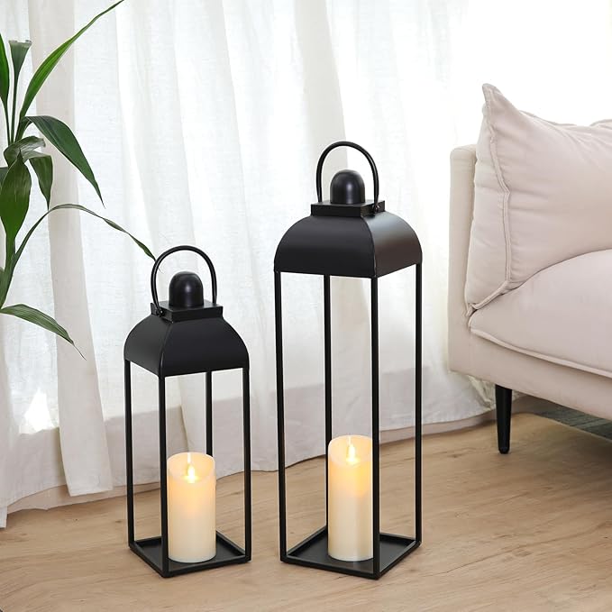 25'' 19'' Lanterns Decorative Outdoor Indoor, Black Metal Outdoor Candle Lanterns, Set of 2 Modern Farmhouse Decorative Lantern for Fireplace, Patio, Porch, Floor, Christmas Lantern (No Glass)