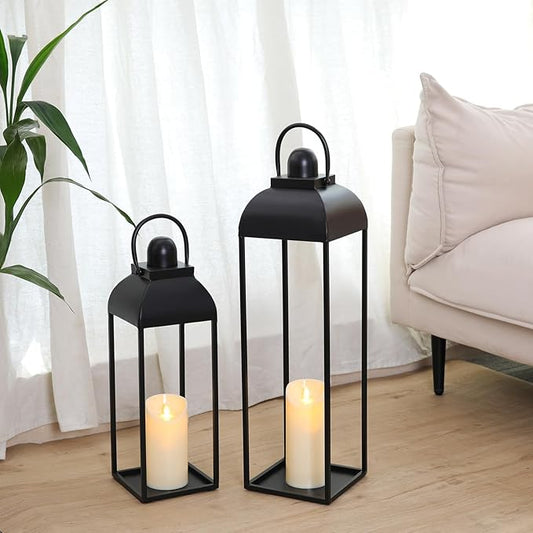 25'' 19'' Lanterns Decorative Outdoor Indoor, Black Metal Outdoor Candle Lanterns, Set of 2 Modern Farmhouse Decorative Lantern for Fireplace, Patio, Porch, Floor, Christmas Lantern (No Glass)