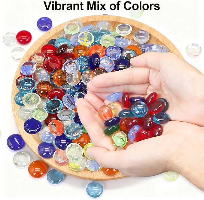 Mini Glass Gems for Vase,Mixed Colour Glass Stones Flat Bottom Marble Beads for Aquarium Fish Tank Planter Crafts Home Decorative Art Craft Vase Filler (Colorful, 1 Pound)