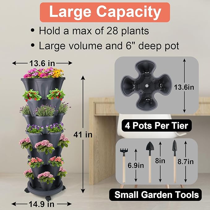 GameXcel Vertical Planter Tower- 7 Tier Stackable Garden Planter with Wheels and Tool Set – Grow Strawberries Herbs Flowers and Vegetables - Indoor Outdoor Use Dark Gray