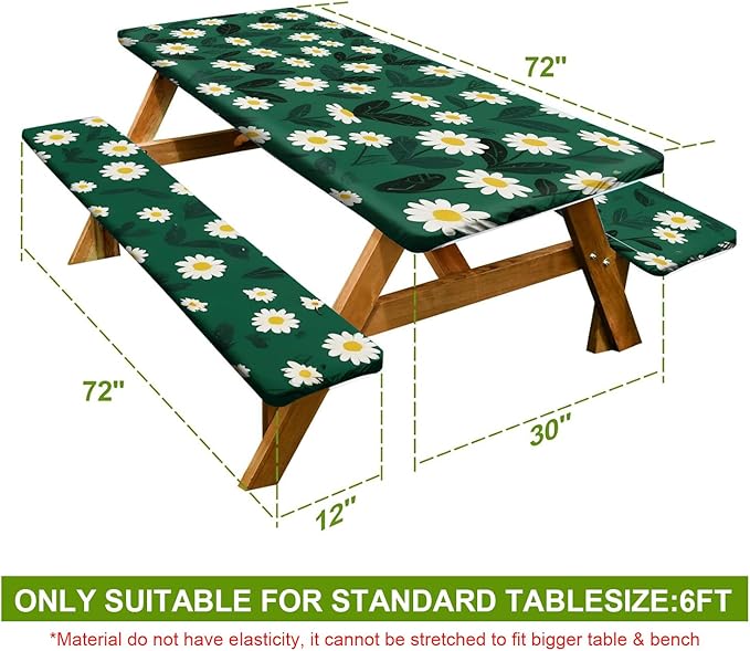 Fresh Floral Picnic Table Cover with Bench Covers Set of 3 - Green Background with White Ditsy Flowers, Elastic Fitted Tablecloth for 6 Ft Tables, Washable Polyester Cover for Garden, Indoor & Outdoor