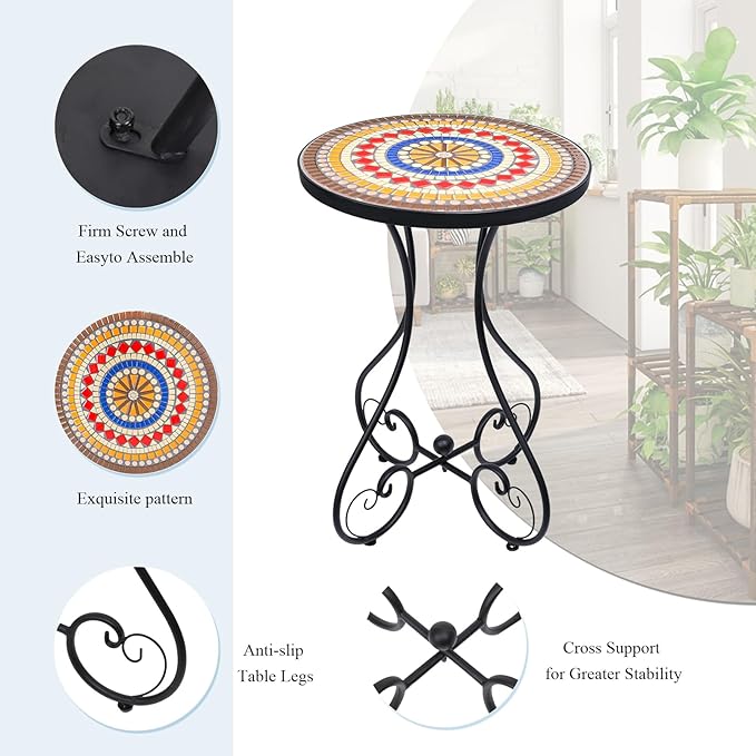 VCUTEKA Mosaic Outdoor Side Table, Round Rustproof Patio Table with 14" Ceramic Tile Top, Indoor Porch Accent Table for Yard, Garden, Living Room, Bistro Balcony, Brown