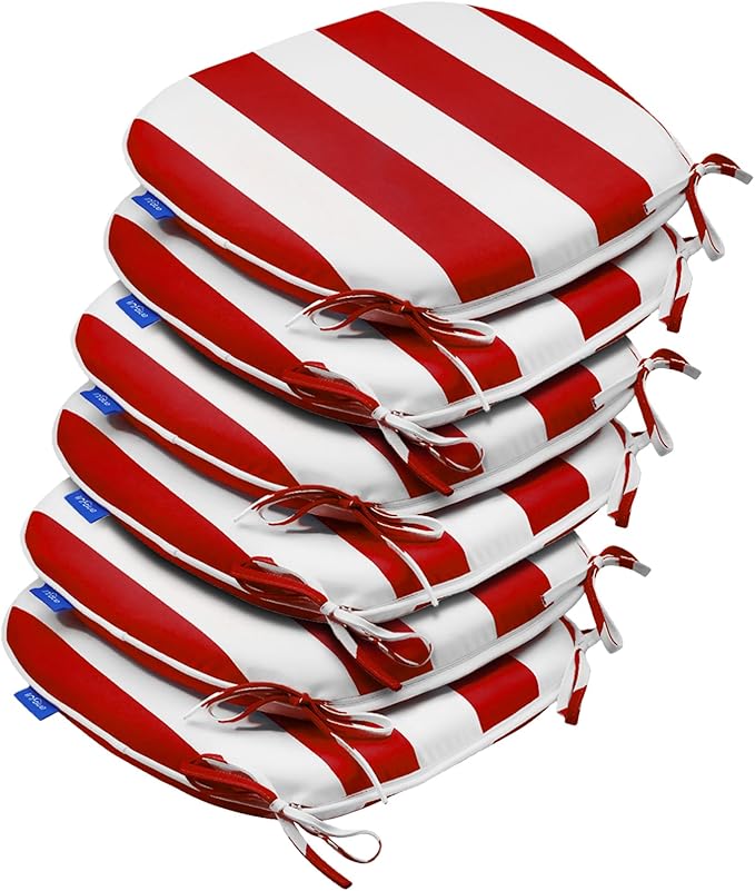 SleepMan Outdoor 17"x16" Chair Cushions with Ties Set of 6, Water Resistant All Weather U-Shape Seat Pads for Patio Garden Furniture Indoor Fade Resistant Patio Cushions (Red Stripe)