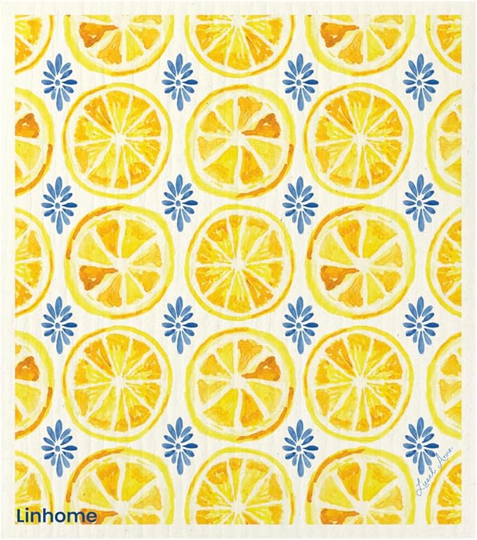 Lemon Collection Swedish Dishcloth, Reusable Paper Towel, Super Absorbent Cellulose Sponge, Kitchen Cleaning Cloth, Washable & Compostable (Lemon Zest - 4 Pack)