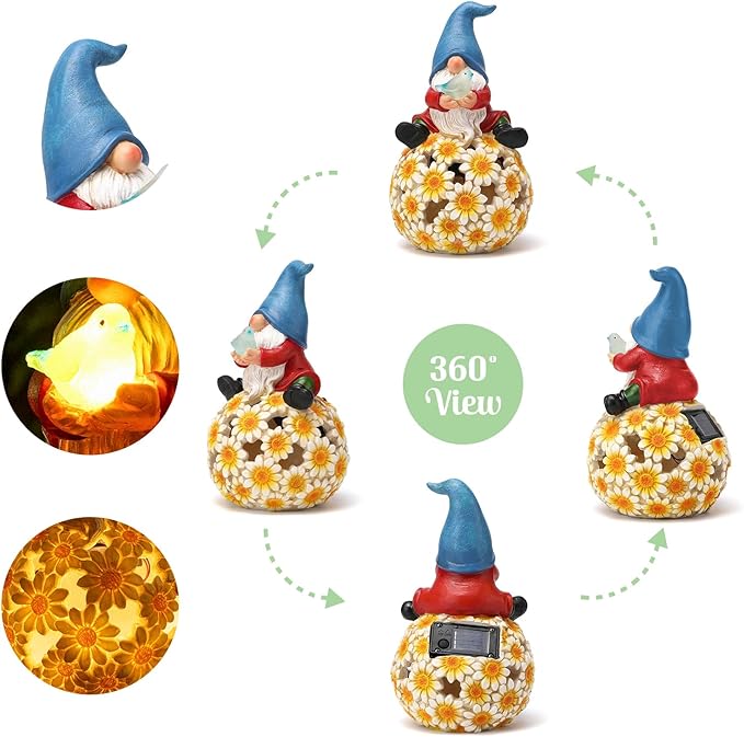 Solar Garden Gnome Outdoor Decoration Patio Porch Lawn Gnome Statue with LED Lights Christmas Gardening Birthday Ideal Gifts for Women Mom, Blue Gnome