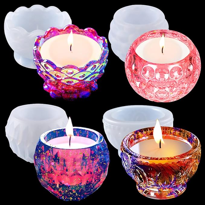 4PCS Tealight Candle Holder Resin Molds Succulent Planter Silicone Molds for Resin Epoxy Casting Mold for DIY Candlestick Jewelry Box Flower Pot Wedding Home Table Decor