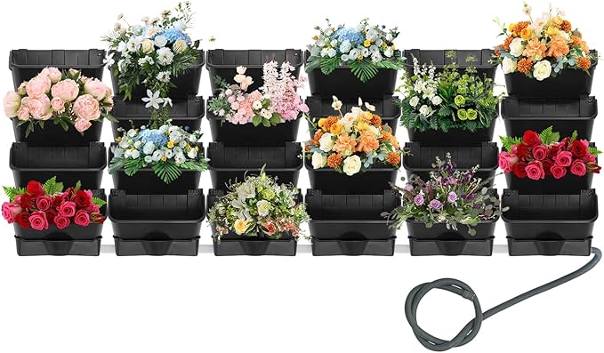 Vertical Wall Planter for Indoor Plant-Walls Mounted Pot with 6 Drainage Tray 24 Pack, with 6.56ft Drainage Pipe, for Decor, Plastic Pots Balcony Planters, Plants Hanging (24, Black)
